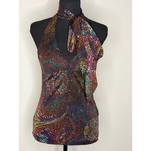 Trina Turk Silk Halter Top Scarf Neck Mosaic Dot Print Blouse Multi Color Size 6